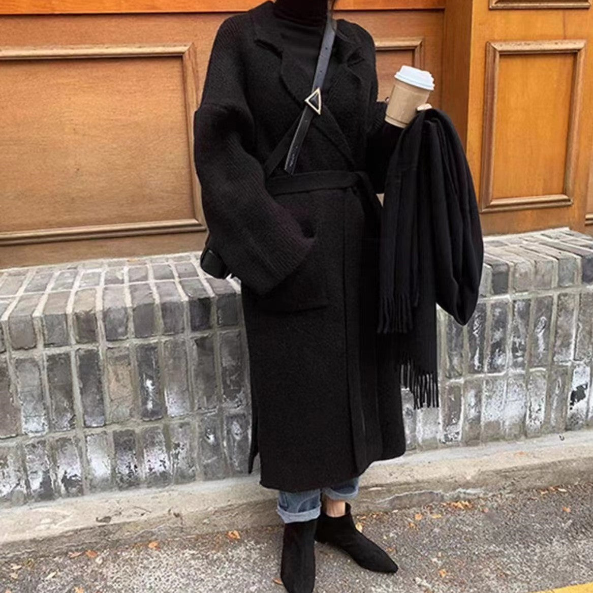 Women's Long Knitted Cardigan - Cozy Belted Robe with Lapel Collar - Casual Chic for Fall/Winter