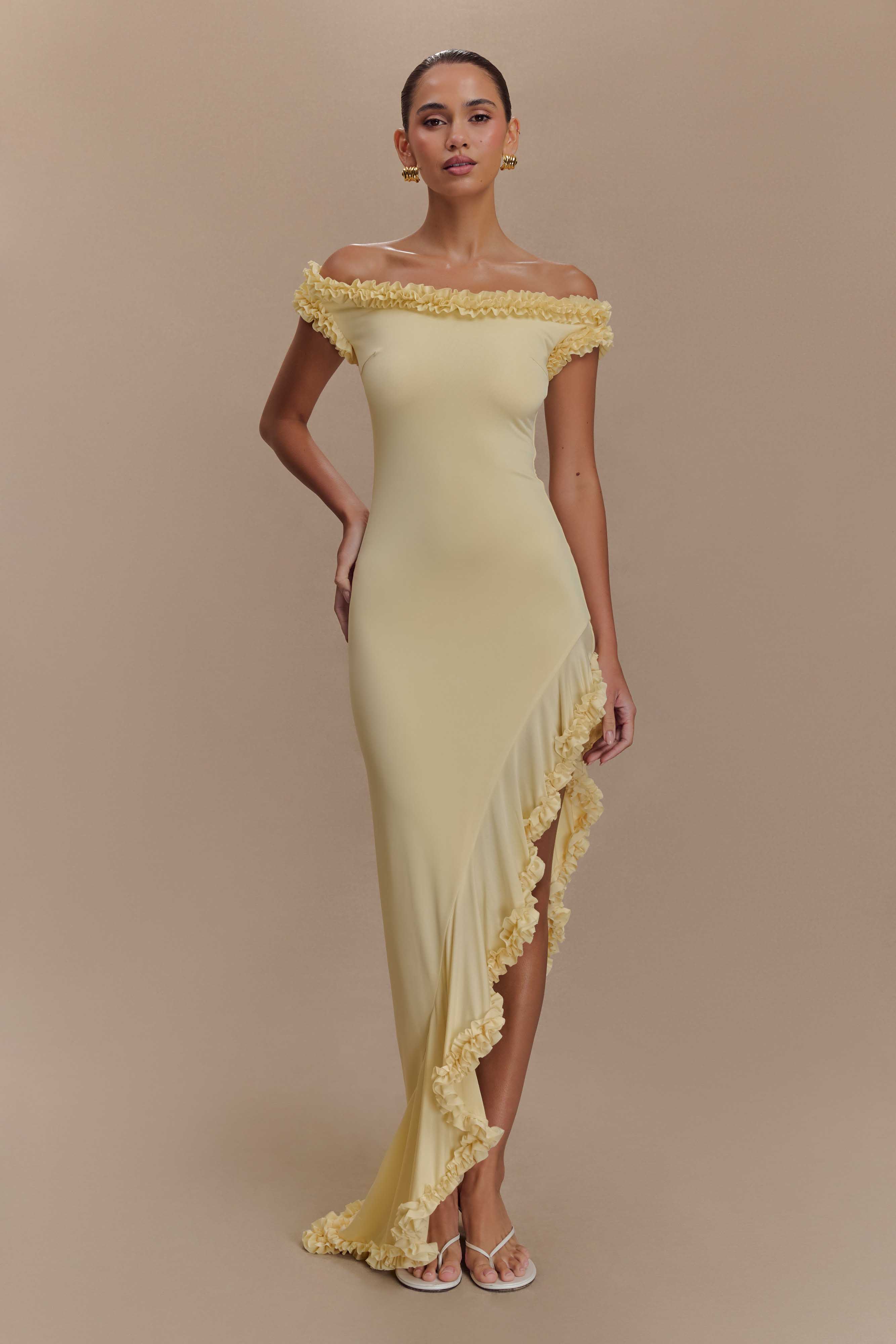 Arielle Off Shoulder Ruffle Midi Dress - Pastel Lemon