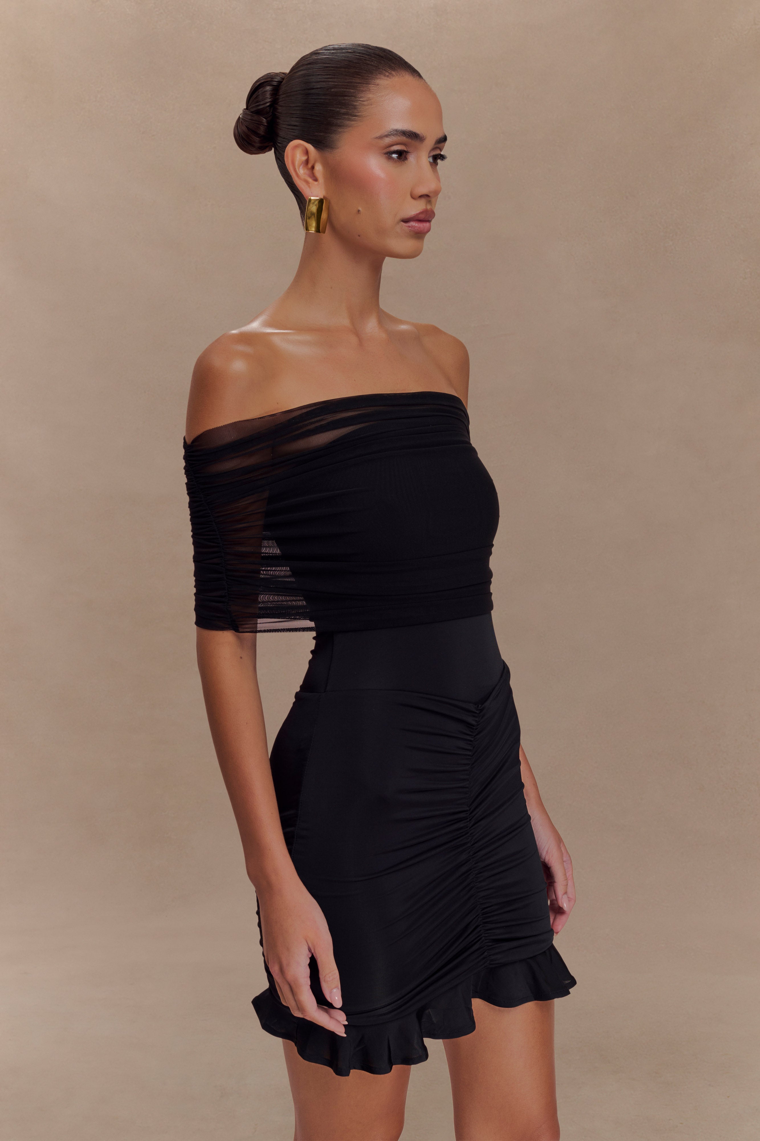 Caspian Slinky And Mesh Off Shoulder Mini Dress - Black