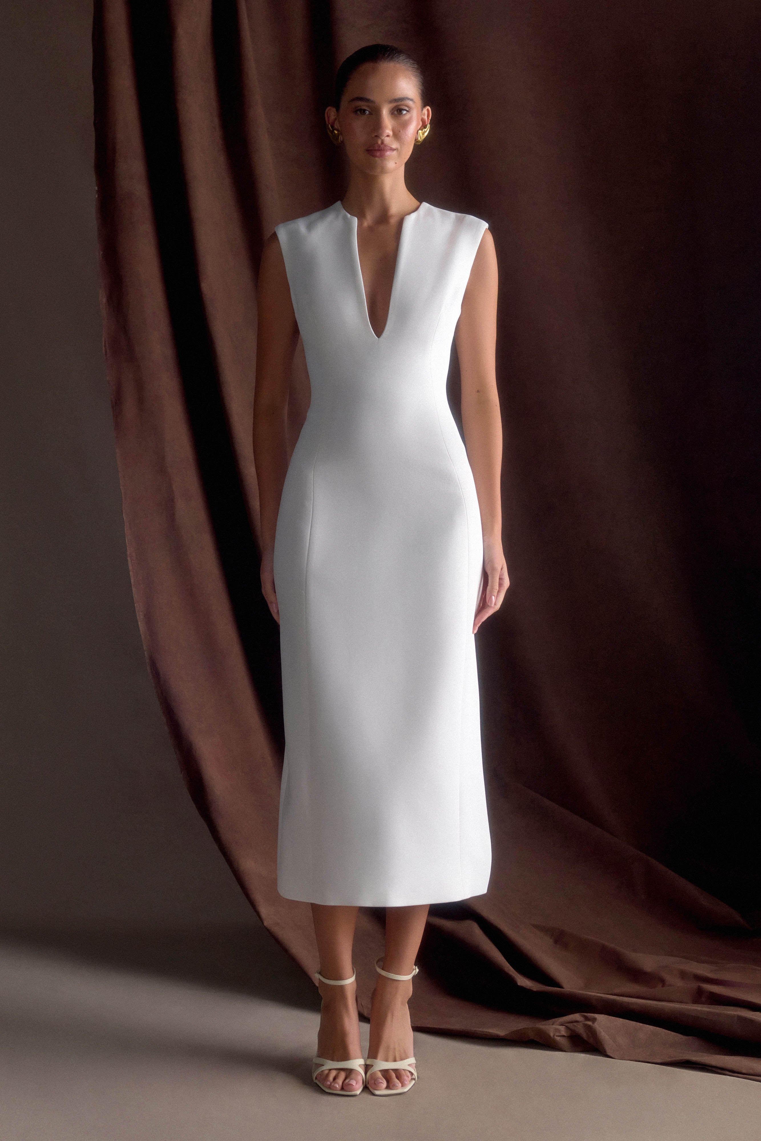 Audrine Suiting Sleeveless Midi Dress - Ivory