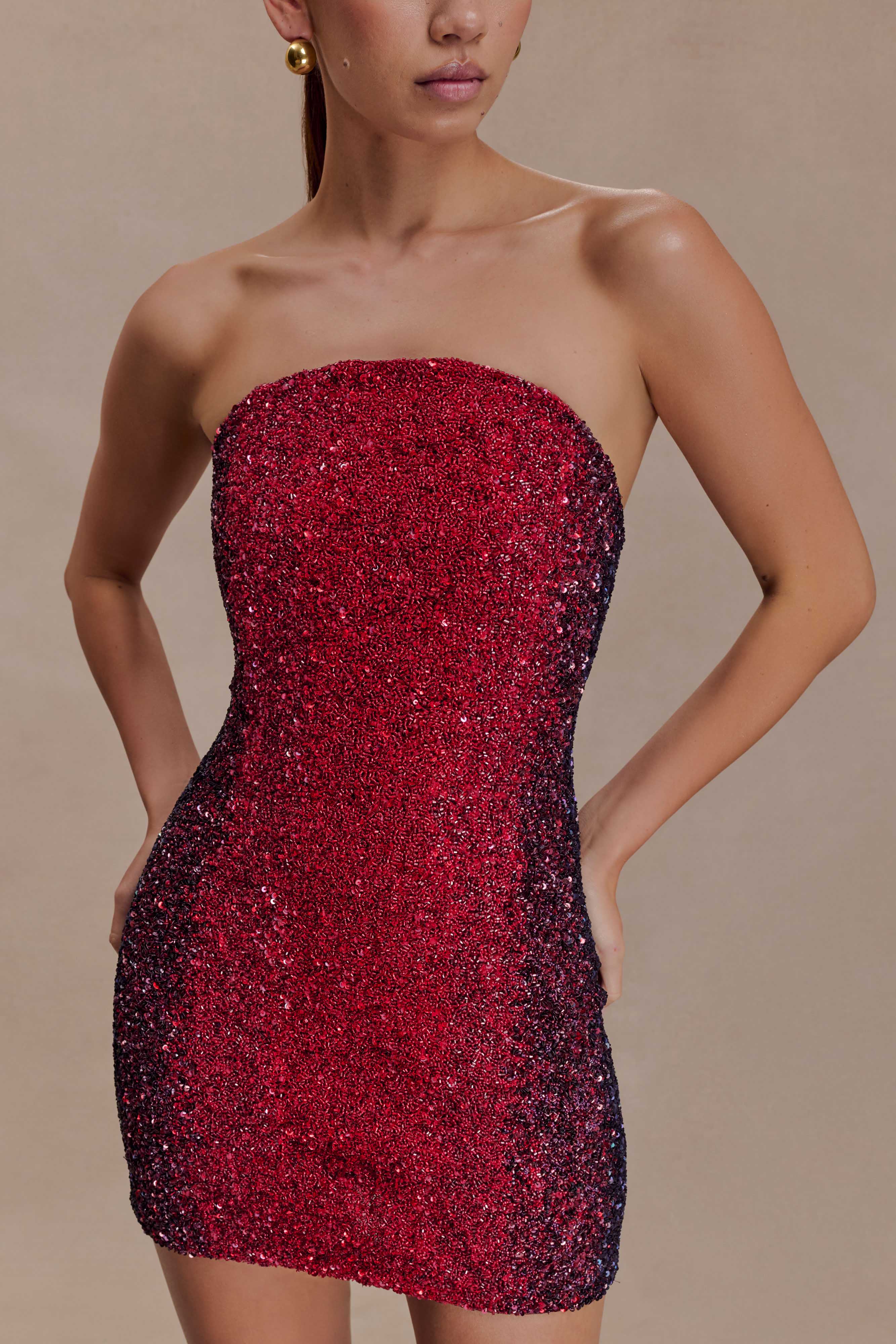 Zander Hand Beaded Strapless Mini Dress - Red Ombre