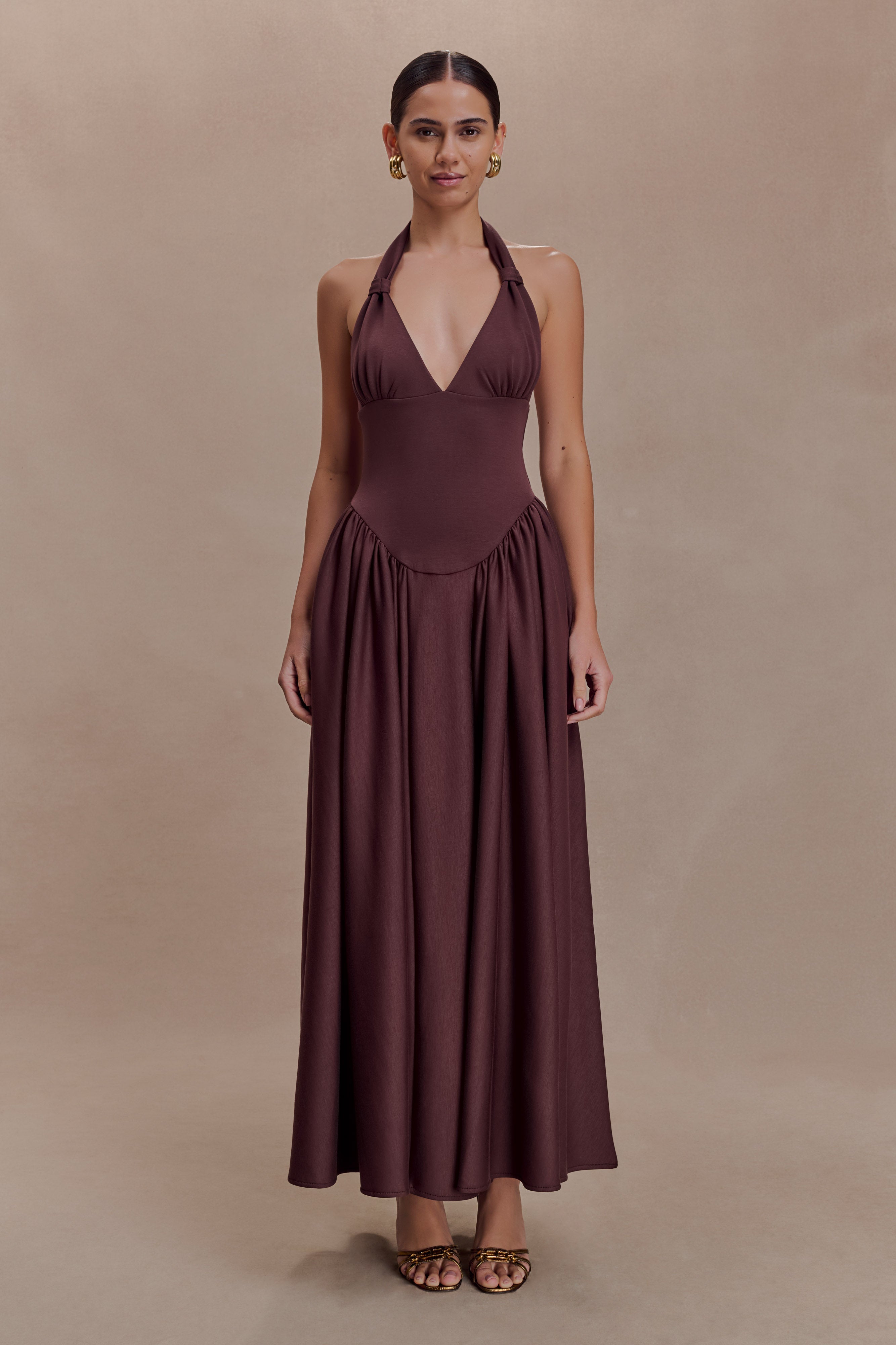 Angelina Scuba Halter Midi Dress - Chocolate
