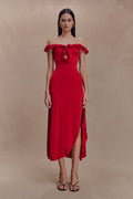 Allegra Off Shoulder Ruffle Midi Dress - Ruby