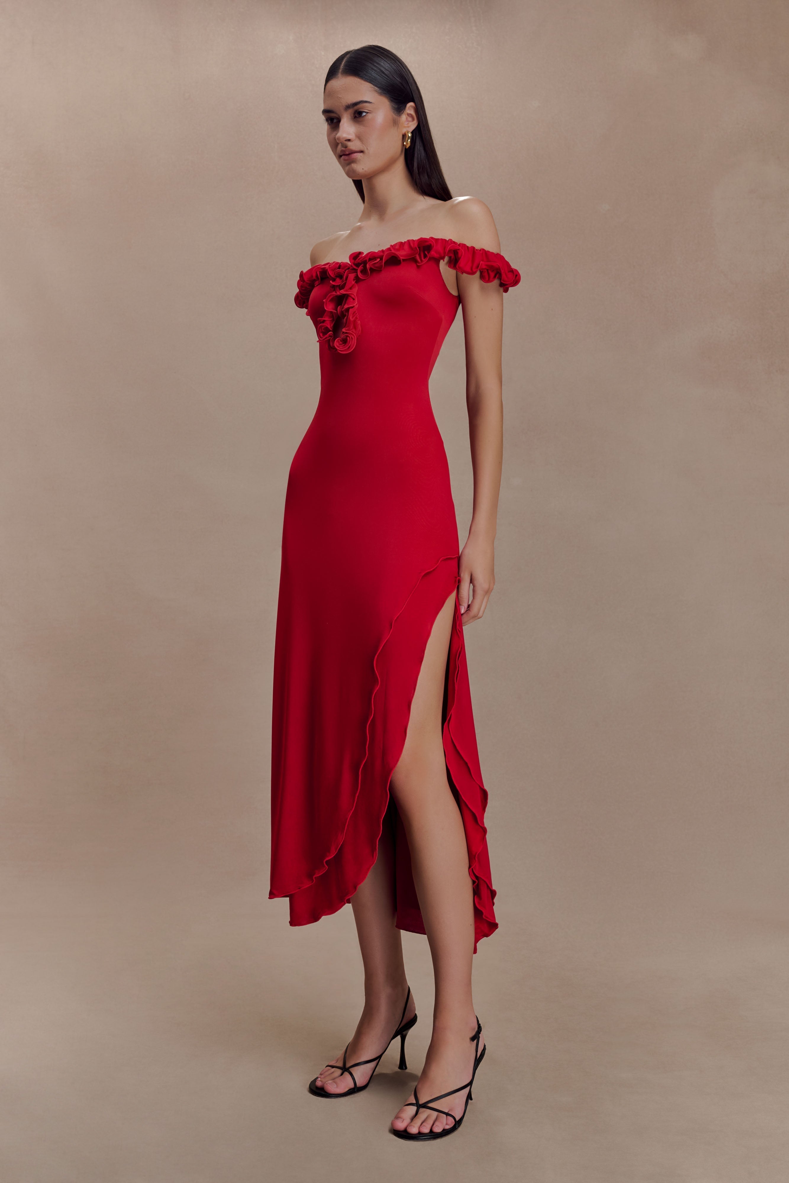 Allegra Off Shoulder Ruffle Midi Dress - Ruby