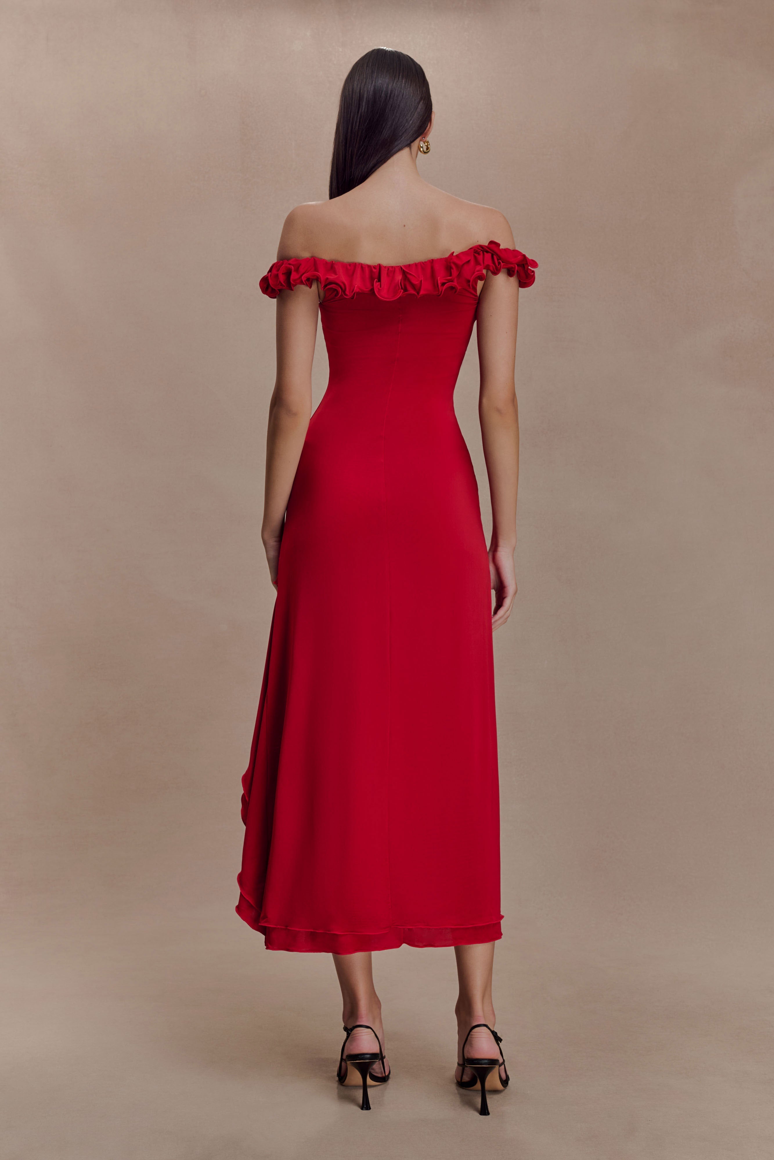 Allegra Off Shoulder Ruffle Midi Dress - Ruby