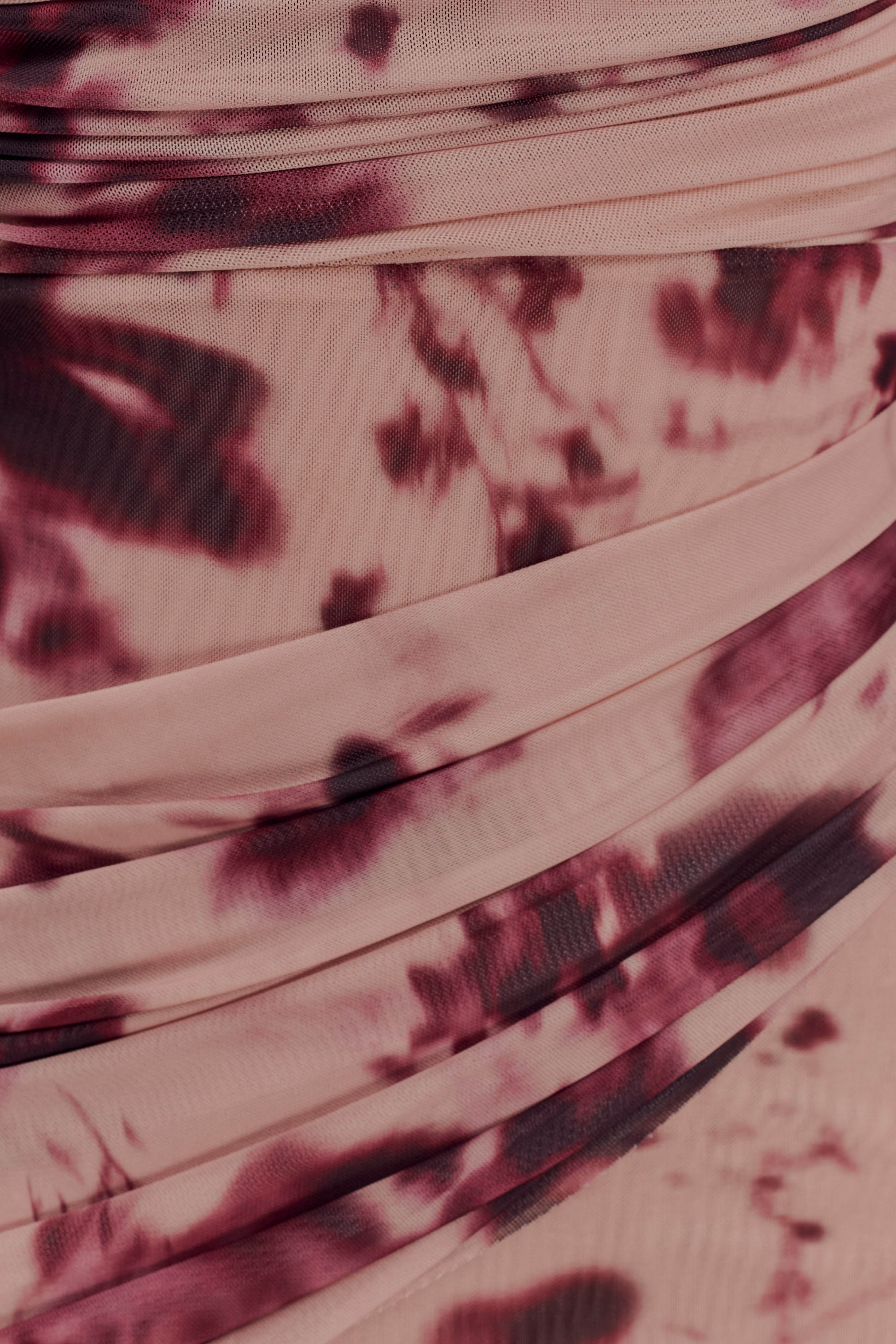 Adrienne One Shoulder Mesh Mini Dress - Nude Blurred Floral Print