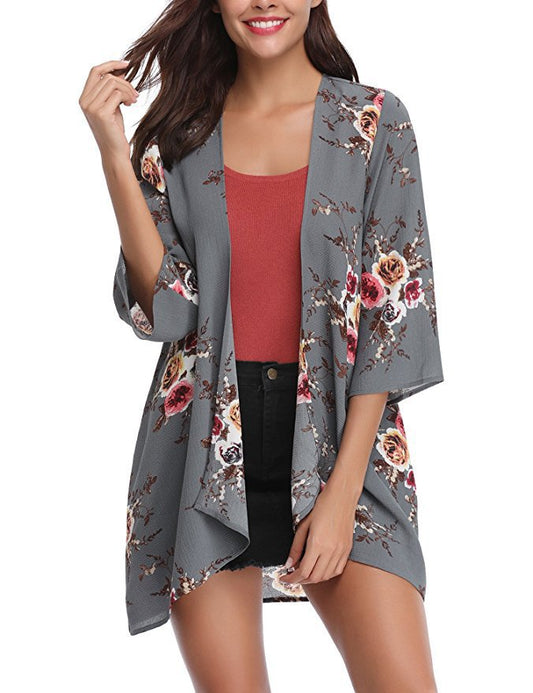 Women's Kimono Cardigan - Open Front - 3/4 Sleeves - Floral Print